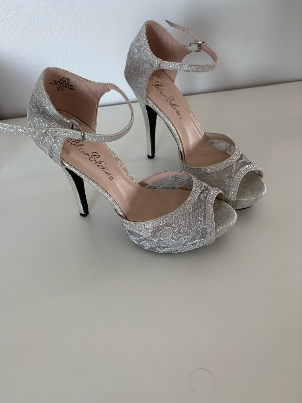 De Blossom Collection Silver Lace Peep-Toe Ankle Strap Heels 7.5
